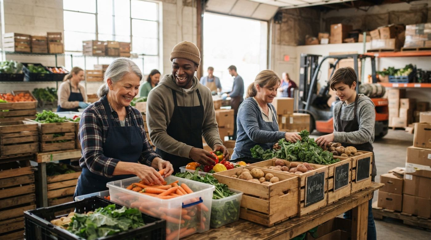 Volunteers sorting crates of produce at the Riverbend warehouse